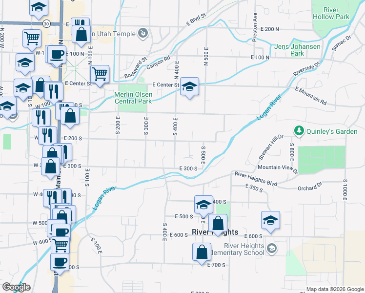 map of restaurants, bars, coffee shops, grocery stores, and more near 262 Larkspur Drive in Logan