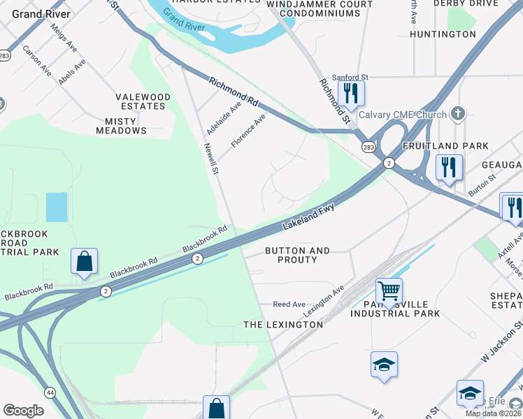 map of restaurants, bars, coffee shops, grocery stores, and more near 120 Palm Court in Painesville