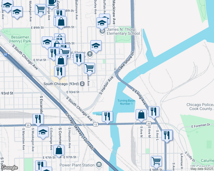 map of restaurants, bars, coffee shops, grocery stores, and more near 9267 South Harbor Avenue in Chicago