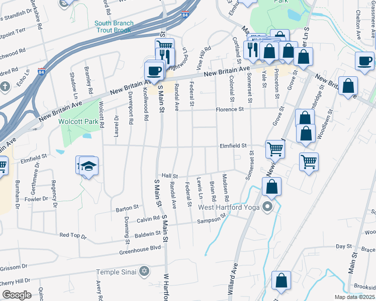 map of restaurants, bars, coffee shops, grocery stores, and more near 143 Elmfield Street in West Hartford