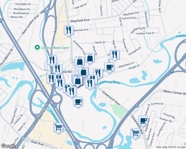 map of restaurants, bars, coffee shops, grocery stores, and more near 196 Greenwich Avenue in Warwick
