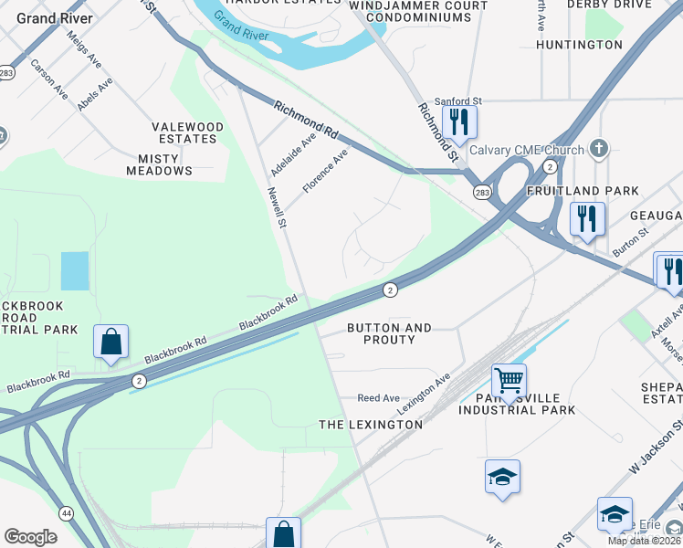 map of restaurants, bars, coffee shops, grocery stores, and more near 120 Palm Court in Painesville