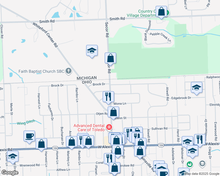 map of restaurants, bars, coffee shops, grocery stores, and more near 3314 Thelma Drive in Toledo