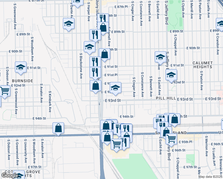 map of restaurants, bars, coffee shops, grocery stores, and more near 1634 East 92nd Place in Chicago