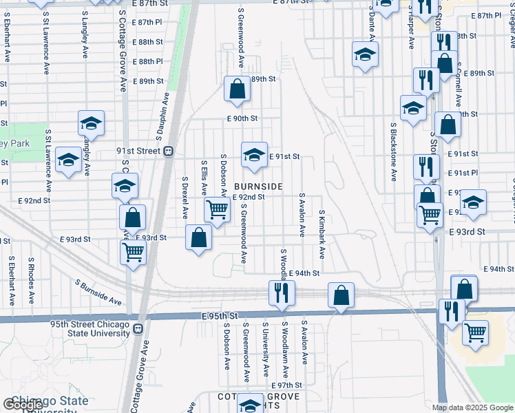 map of restaurants, bars, coffee shops, grocery stores, and more near 9219 South Greenwood Avenue in Chicago