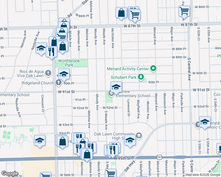 map of restaurants, bars, coffee shops, grocery stores, and more near 6036 West 91st Street in Oak Lawn