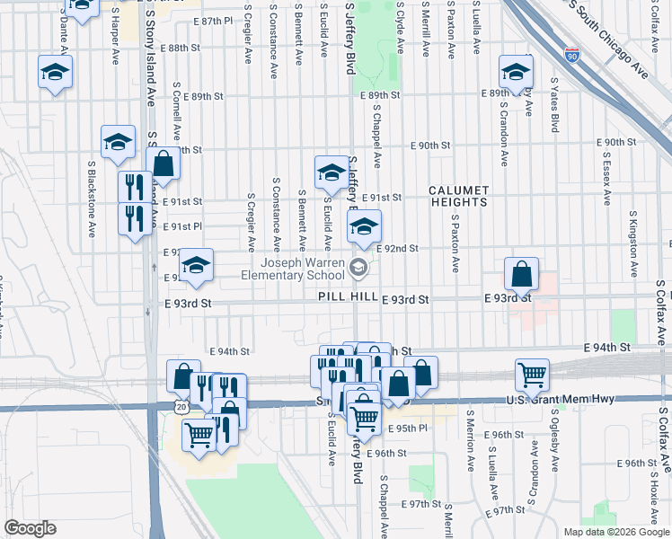 map of restaurants, bars, coffee shops, grocery stores, and more near 9230 South Jeffery Boulevard in Chicago
