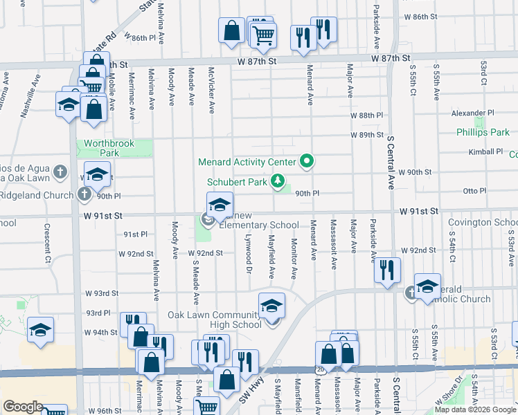 map of restaurants, bars, coffee shops, grocery stores, and more near 5930 91st Street in Oak Lawn