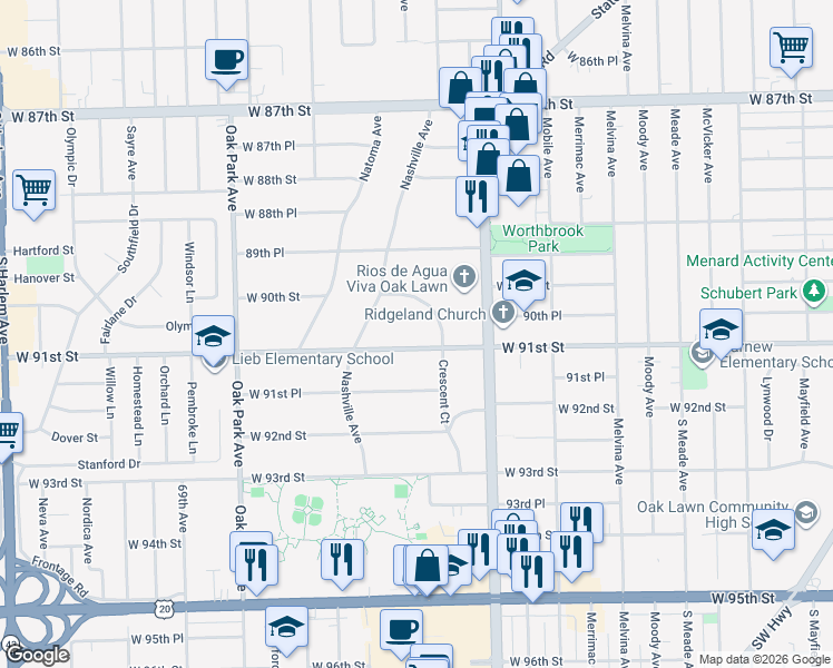 map of restaurants, bars, coffee shops, grocery stores, and more near 6524 91st Street in Oak Lawn