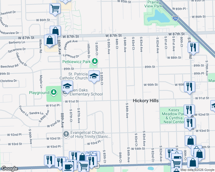 map of restaurants, bars, coffee shops, grocery stores, and more near 9017 South 85th Court in Hickory Hills