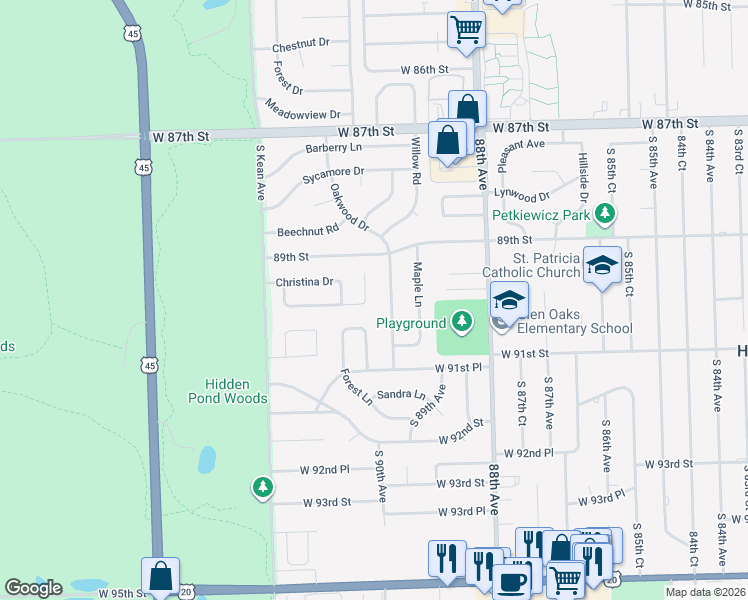 map of restaurants, bars, coffee shops, grocery stores, and more near 9025 Hawthorn Drive in Hickory Hills