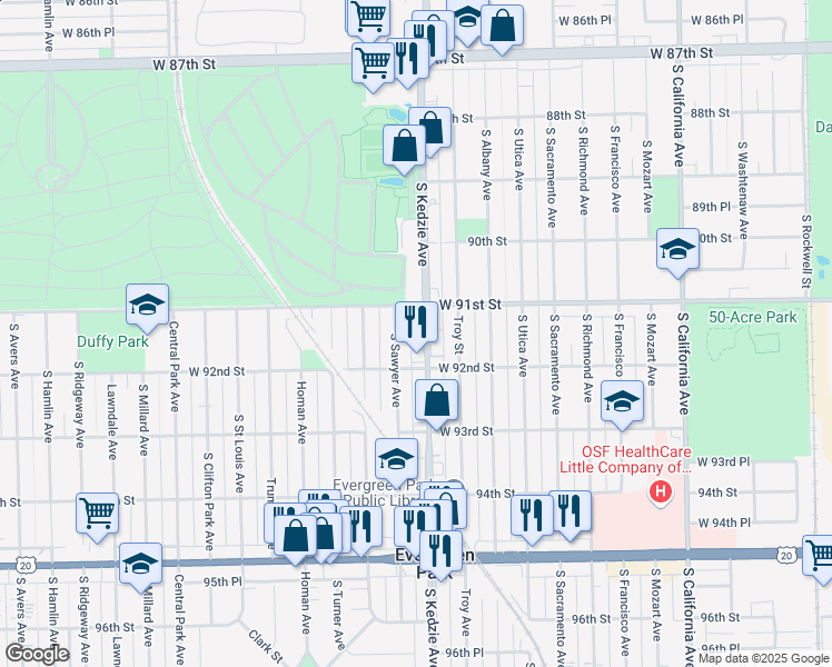 map of restaurants, bars, coffee shops, grocery stores, and more near 9139 South Kedzie Avenue in Evergreen Park