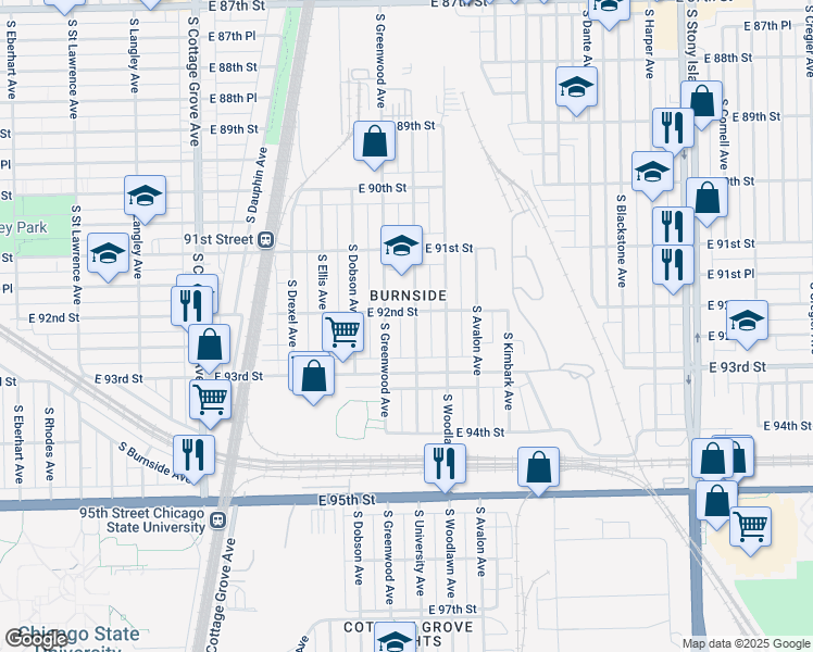 map of restaurants, bars, coffee shops, grocery stores, and more near 9219 South Greenwood Avenue in Chicago