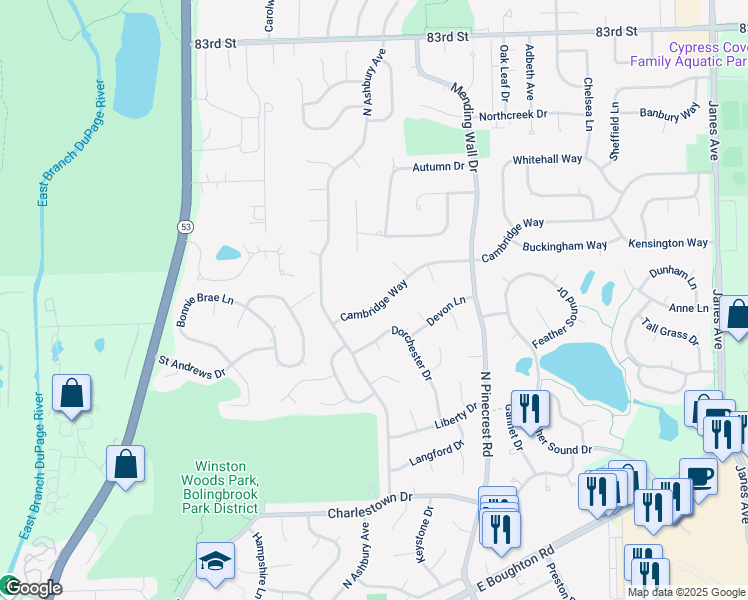 map of restaurants, bars, coffee shops, grocery stores, and more near 421 Cambridge Way in Bolingbrook