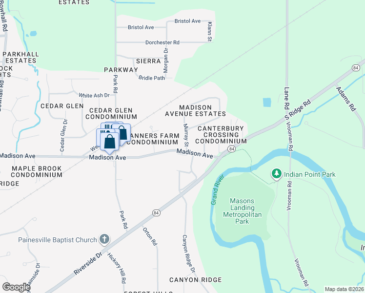 map of restaurants, bars, coffee shops, grocery stores, and more near 2521 Madison Avenue in Painesville
