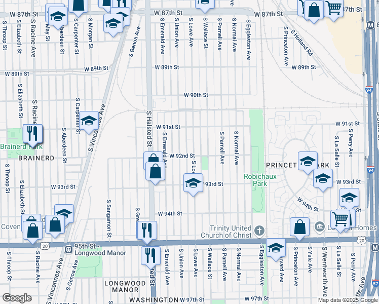map of restaurants, bars, coffee shops, grocery stores, and more near 9157 South Union Avenue in Chicago