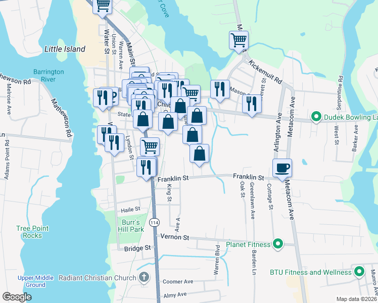 map of restaurants, bars, coffee shops, grocery stores, and more near 141 Cutler Street in Warren