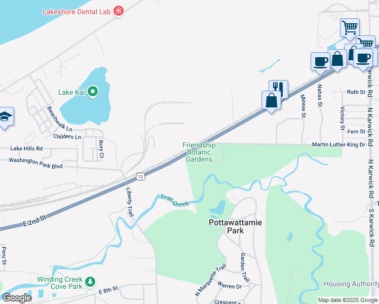 map of restaurants, bars, coffee shops, grocery stores, and more near 2055 U.S. 12 in Michigan City