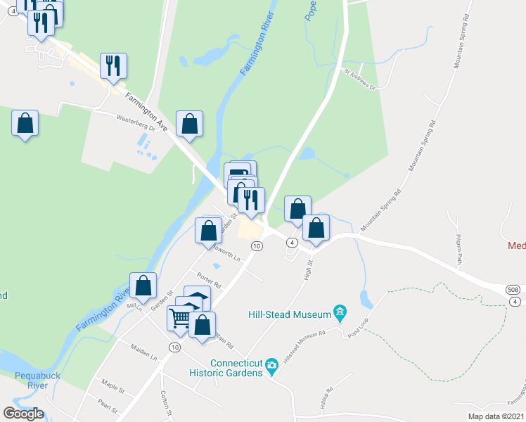 map of restaurants, bars, coffee shops, grocery stores, and more near 3 Waterville Road in Farmington