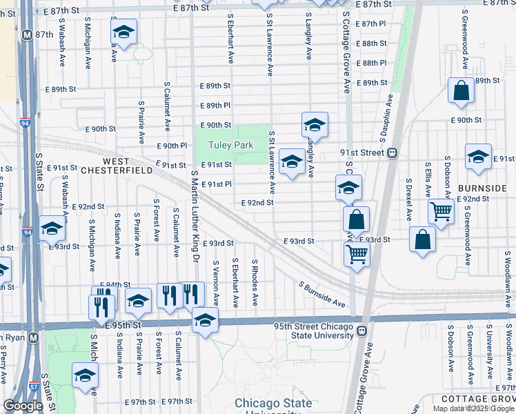 map of restaurants, bars, coffee shops, grocery stores, and more near 537 East 92nd Street in Chicago