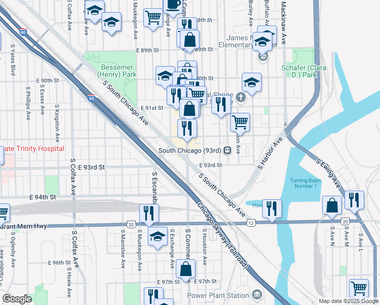 map of restaurants, bars, coffee shops, grocery stores, and more near 9241 South Commercial Avenue in Chicago