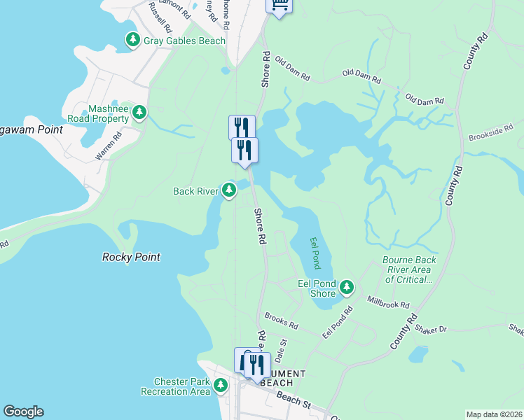 map of restaurants, bars, coffee shops, grocery stores, and more near 8 Central Boulevard in Bourne