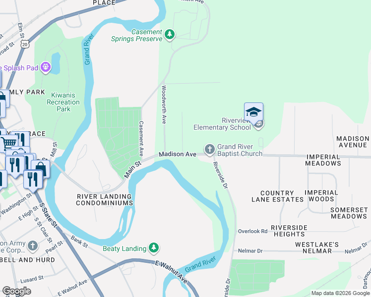 map of restaurants, bars, coffee shops, grocery stores, and more near 701 Madison Avenue in Painesville