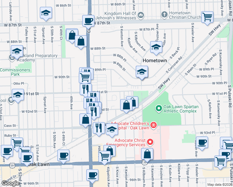map of restaurants, bars, coffee shops, grocery stores, and more near 9100 South Kenton Avenue in Oak Lawn