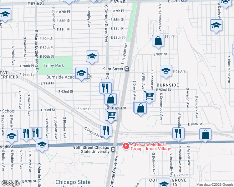map of restaurants, bars, coffee shops, grocery stores, and more near 9200 South Dauphin Avenue in Chicago