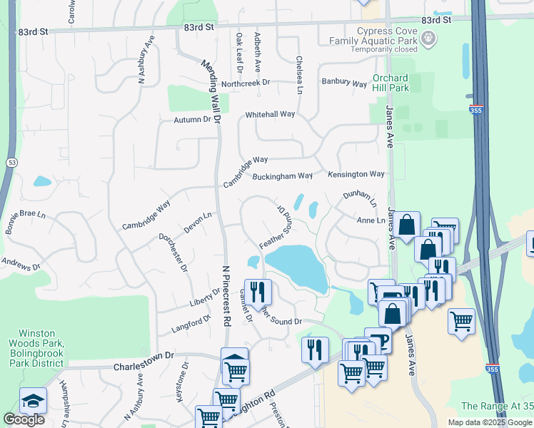 map of restaurants, bars, coffee shops, grocery stores, and more near 9 Winterberry Court in Bolingbrook