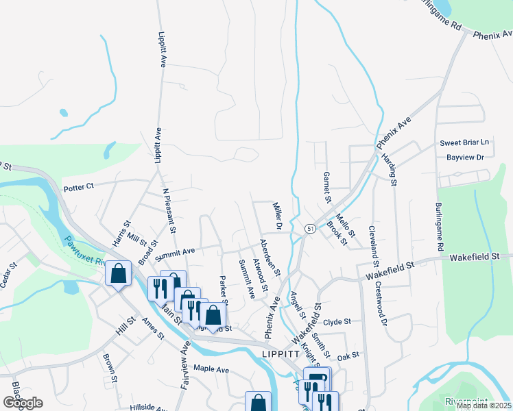 map of restaurants, bars, coffee shops, grocery stores, and more near 15 Sternbach Street in West Warwick