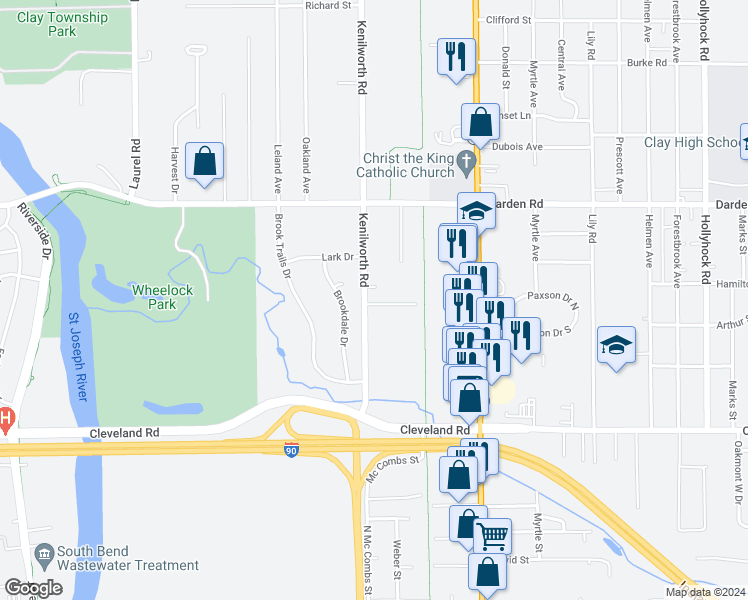 map of restaurants, bars, coffee shops, grocery stores, and more near 19995 Alou Lane in South Bend
