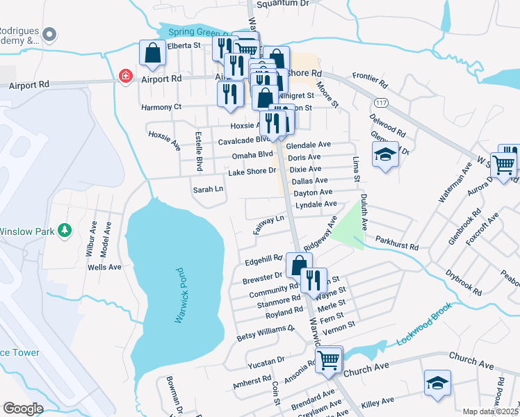 map of restaurants, bars, coffee shops, grocery stores, and more near 1811 Warwick Avenue in Warwick