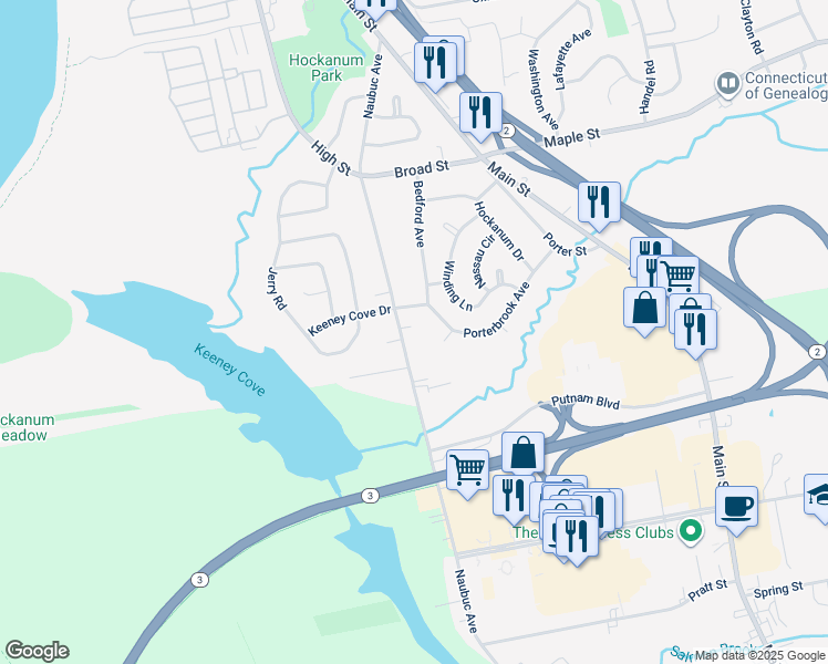 map of restaurants, bars, coffee shops, grocery stores, and more near 266 Naubuc Avenue in East Hartford