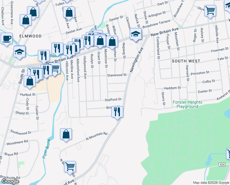 map of restaurants, bars, coffee shops, grocery stores, and more near 33 Sprague Street in Hartford