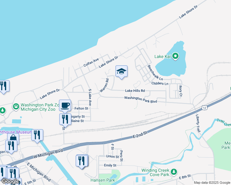 map of restaurants, bars, coffee shops, grocery stores, and more near 432 Washington Park Boulevard in Michigan City
