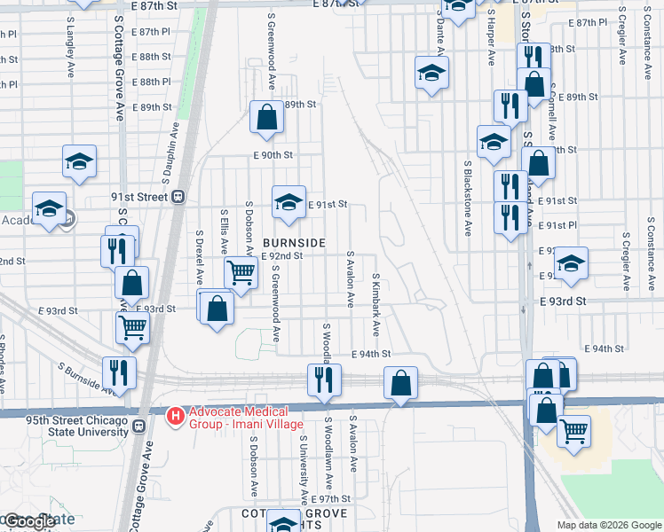 map of restaurants, bars, coffee shops, grocery stores, and more near 9220 South Avalon Avenue in Chicago