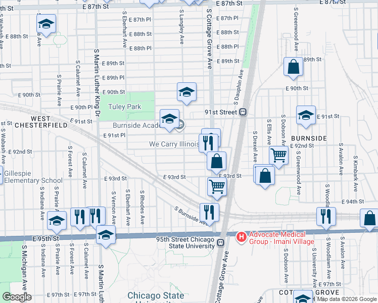 map of restaurants, bars, coffee shops, grocery stores, and more near 720 East 92nd Place in Chicago