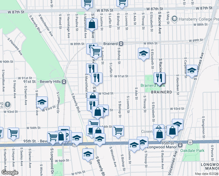 map of restaurants, bars, coffee shops, grocery stores, and more near 9153 South Laflin Street in Chicago
