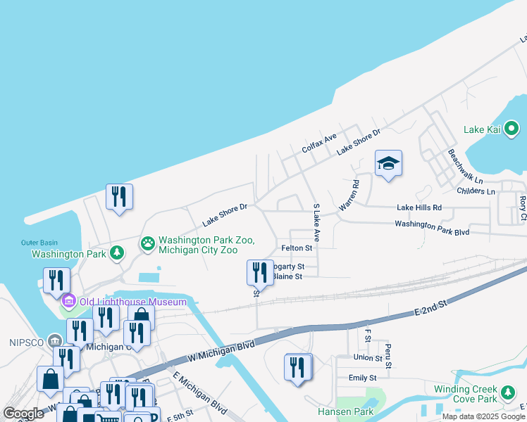 map of restaurants, bars, coffee shops, grocery stores, and more near 109 Washington Park Blvd in Michigan City