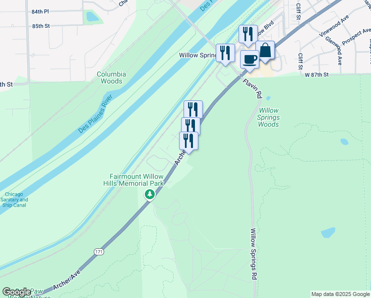 map of restaurants, bars, coffee shops, grocery stores, and more near Archer Avenue in Willow Springs