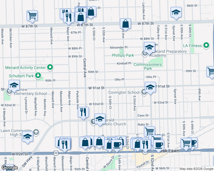 map of restaurants, bars, coffee shops, grocery stores, and more near 5428 West 91st Street in Oak Lawn