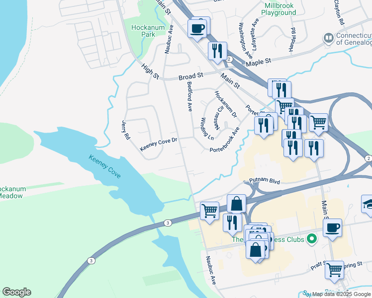 map of restaurants, bars, coffee shops, grocery stores, and more near 252 Naubuc Avenue in East Hartford