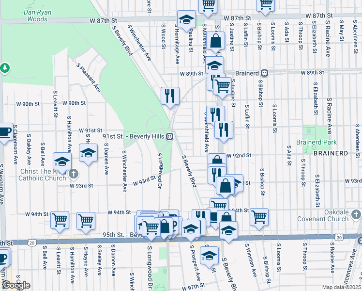 map of restaurants, bars, coffee shops, grocery stores, and more near 1718 West 92nd Street in Chicago