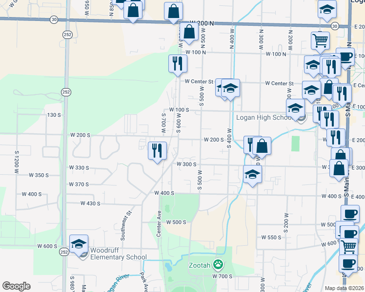 map of restaurants, bars, coffee shops, grocery stores, and more near 280 South 530 West in Logan