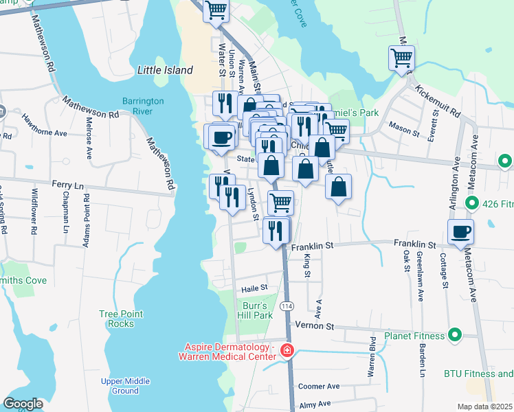 map of restaurants, bars, coffee shops, grocery stores, and more near 52 Manning Street in Warren