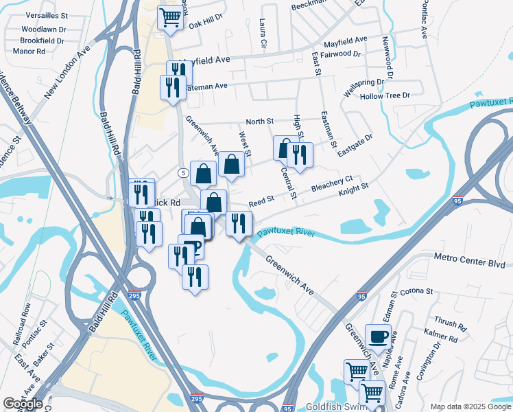 map of restaurants, bars, coffee shops, grocery stores, and more near 62 Reed Street in Warwick