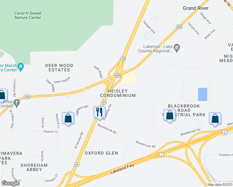 map of restaurants, bars, coffee shops, grocery stores, and more near 9665 Ryan Drive in Mentor