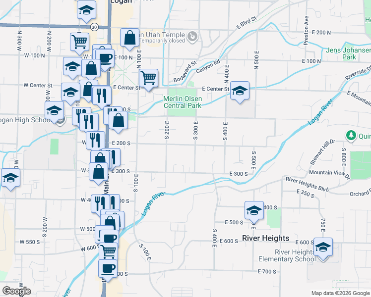 map of restaurants, bars, coffee shops, grocery stores, and more near 266 East 200 South in Logan