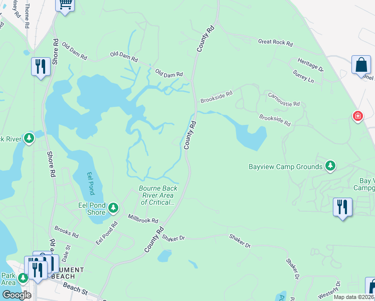 map of restaurants, bars, coffee shops, grocery stores, and more near 208 County Road in Bourne